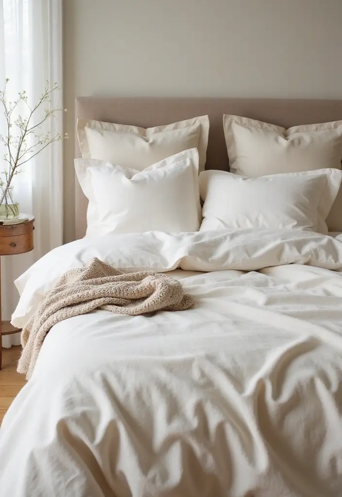 27 Cream and Beige Bedroom Ideas That Are Calm & Timeless - 17. Light and Airy Bedding