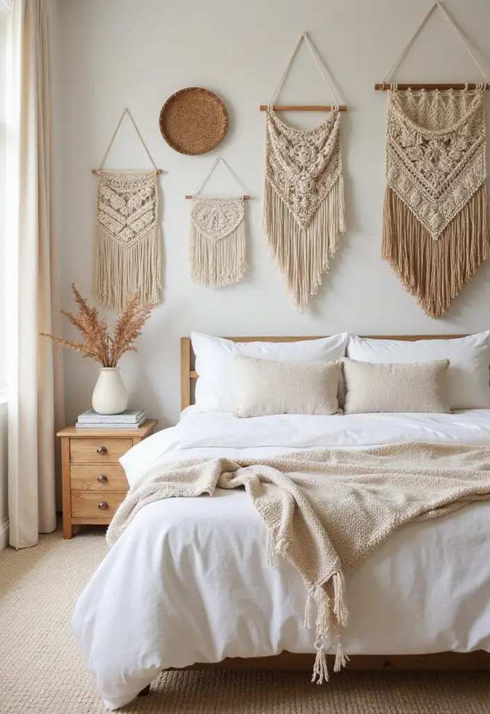 27 Cream and Beige Bedroom Ideas That Are Calm & Timeless - 24. Woven Wall Hangings