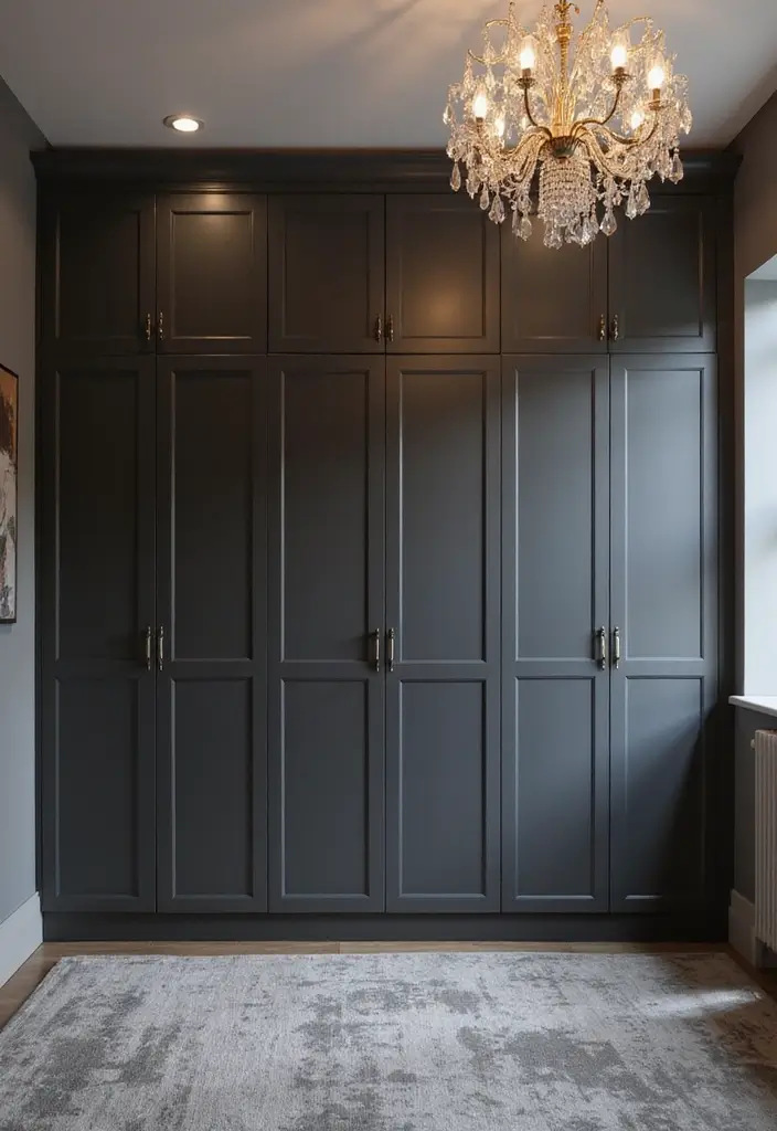 27 Dark Grey Wardrobe Bedroom Ideas That Feel Sleek and Elegant - 14. Statement Lighting Choices