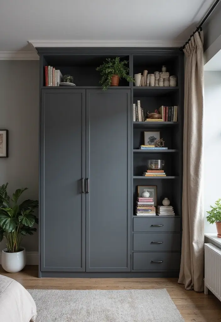 27 Dark Grey Wardrobe Bedroom Ideas That Feel Sleek and Elegant - 18. Artistic Shelving Solutions