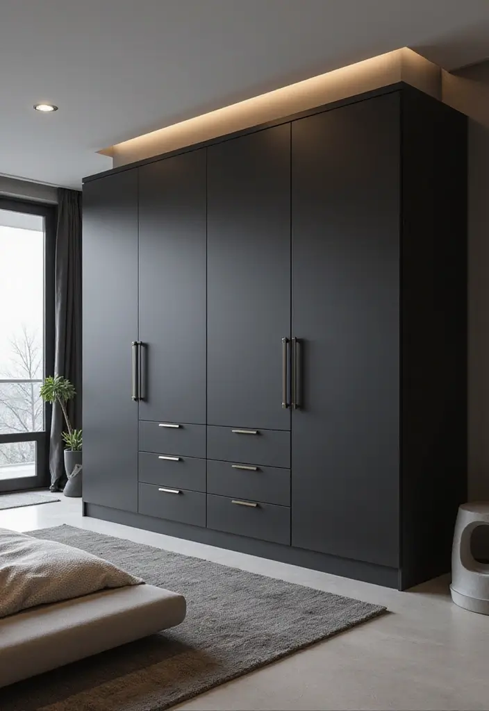 27 Dark Grey Wardrobe Bedroom Ideas That Feel Sleek and Elegant - 21. Smart Technology Integration