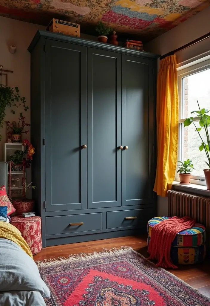 27 Dark Grey Wardrobe Bedroom Ideas That Feel Sleek and Elegant - 8. Contemporary Bohemian Style