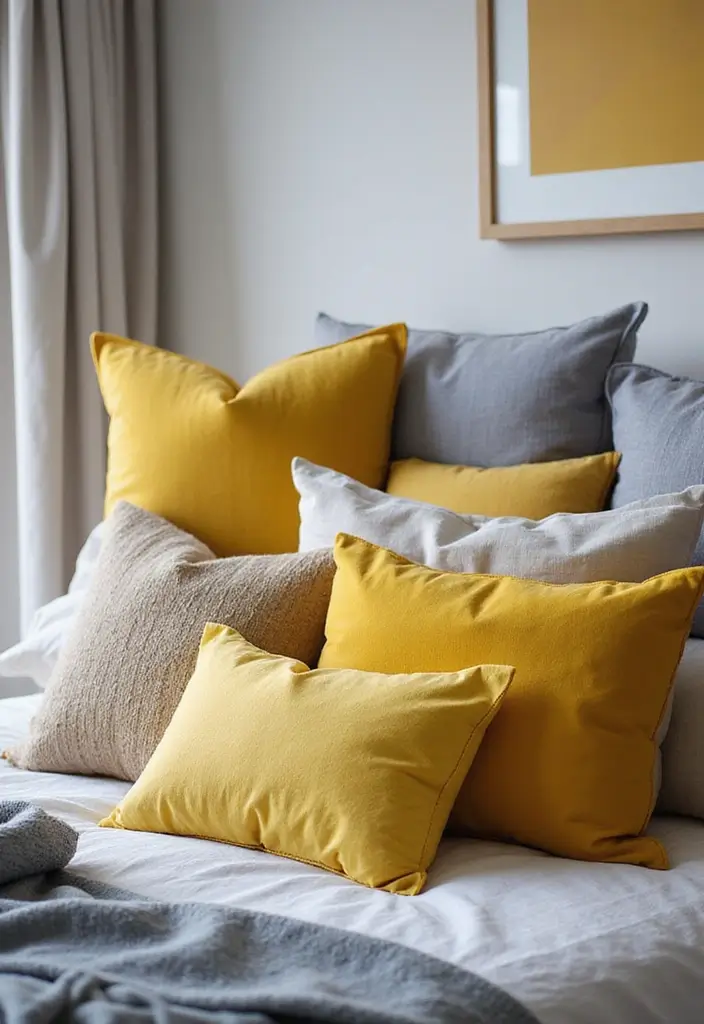 27 Grey and Yellow Bedroom Ideas That Add Cheerful Warmth - 11. Yellow Accent Pillows