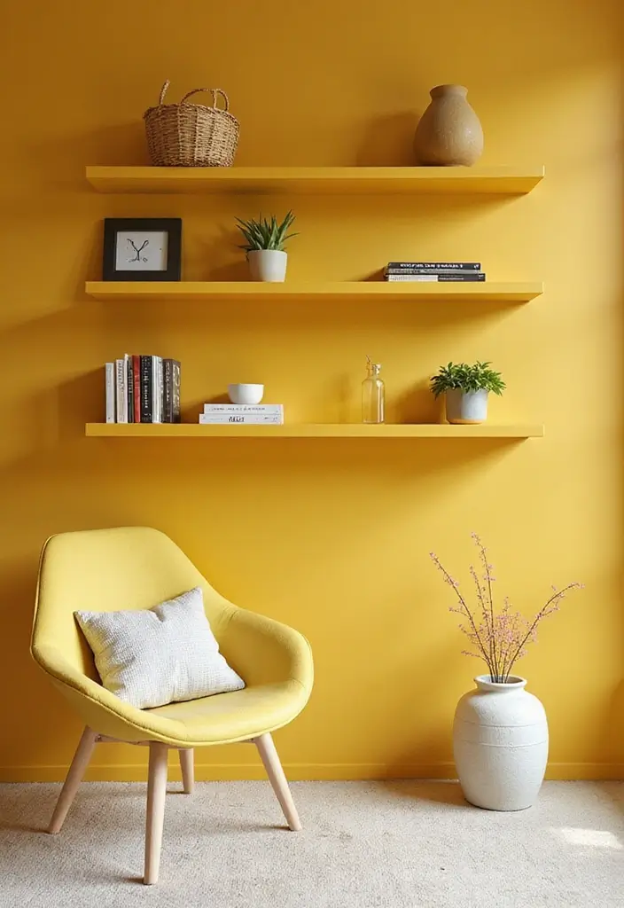 27 Grey and Yellow Bedroom Ideas That Add Cheerful Warmth - 22. Minimalist Yellow Shelving