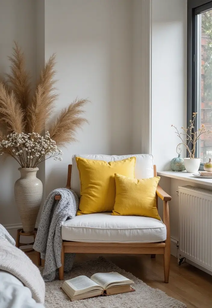 27 Grey and Yellow Bedroom Ideas That Add Cheerful Warmth - 27. Cozy Grey and Yellow Reading Nook