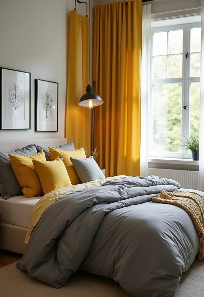 27 Grey and Yellow Bedroom Ideas That Add Cheerful Warmth - 3. Grey and Yellow Bedding Sets