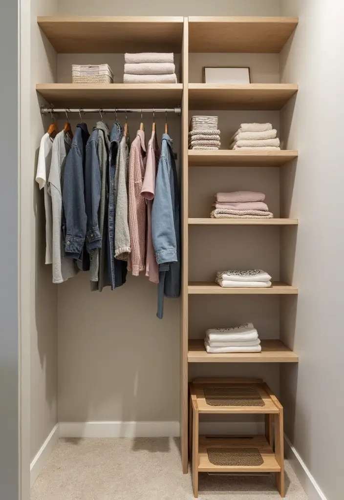 27 Small Closet Organization Bedroom Ideas That Keep Things Tidy - 21. Incorporate a Folding Step Stool
