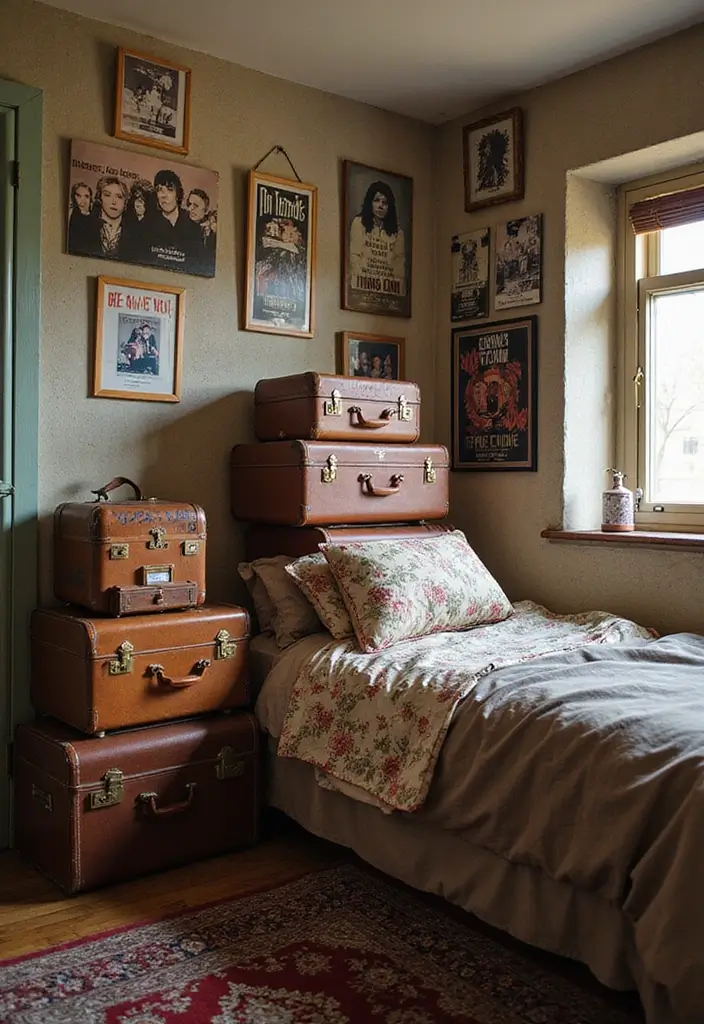 28 Band Posters on Wall Bedroom Ideas That Feel Edgy and Fun - 22. Vintage Suitcase Display