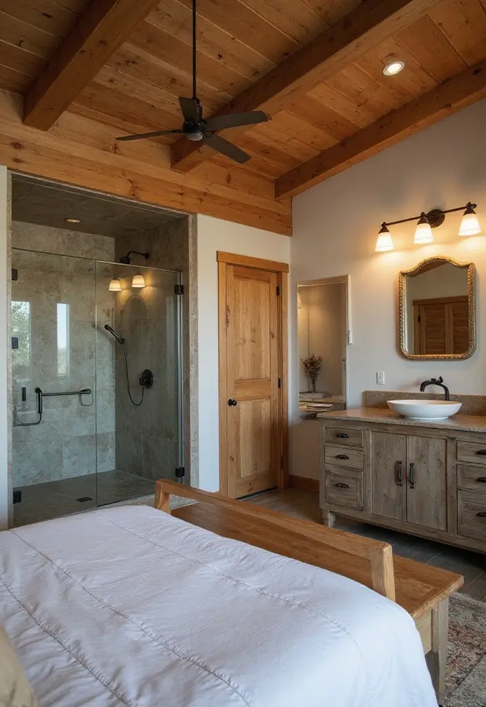 28 Bedroom With Attached Bathroom Layouts That Are Functional and Stylish - 19. Modern Rustic Blend