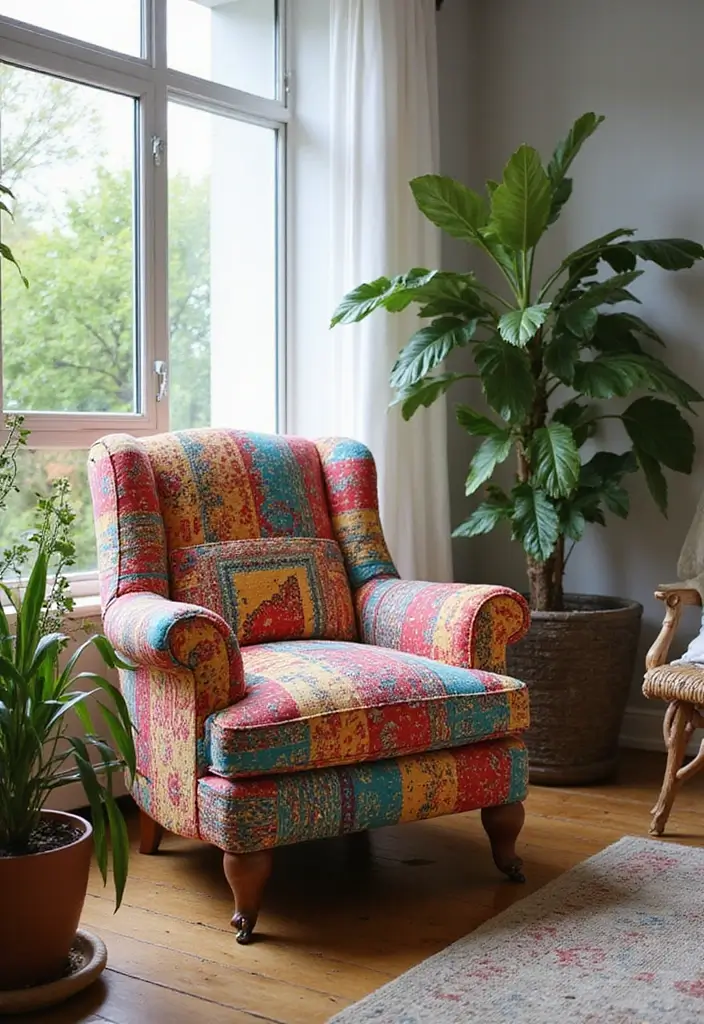 28 Chair Design for Bedroom Ideas That Add Comfort and Style - 2. Upcycled Fabric Lounge Chair