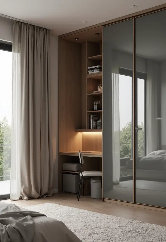 28 Glass Wardrobe Design Bedroom Ideas That Feel Clean and Modern - 20. Corner Glass Wardrobe with Integrated Desk
