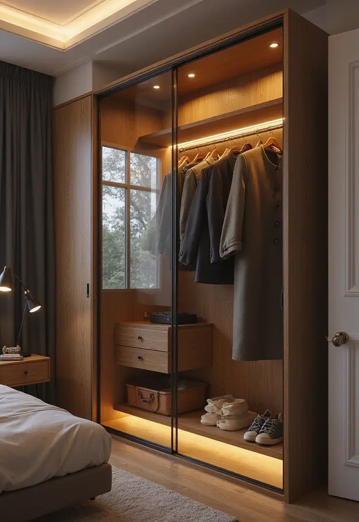 28 Glass Wardrobe Design Bedroom Ideas That Feel Clean and Modern - 23. Glass Wardrobe with Decorative Lighting