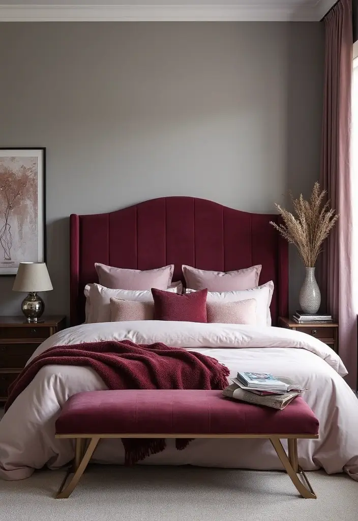 28 Grey and Burgundy Bedroom Ideas That Add Depth and Warmth - 1. Soft Grey Walls with Bold Burgundy Accents