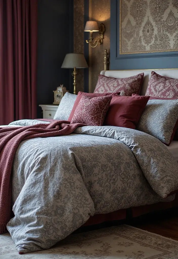 28 Grey and Burgundy Bedroom Ideas That Add Depth and Warmth - 2. Elegant Grey and Burgundy Bedding Sets