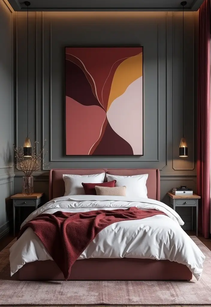 28 Grey and Burgundy Bedroom Ideas That Add Depth and Warmth - 25. Embrace Bold Artwork