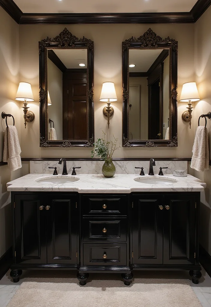 14 Black Vanity Bathroom Ideas With Modern Edge - 3. Luxurious Modern Elegance