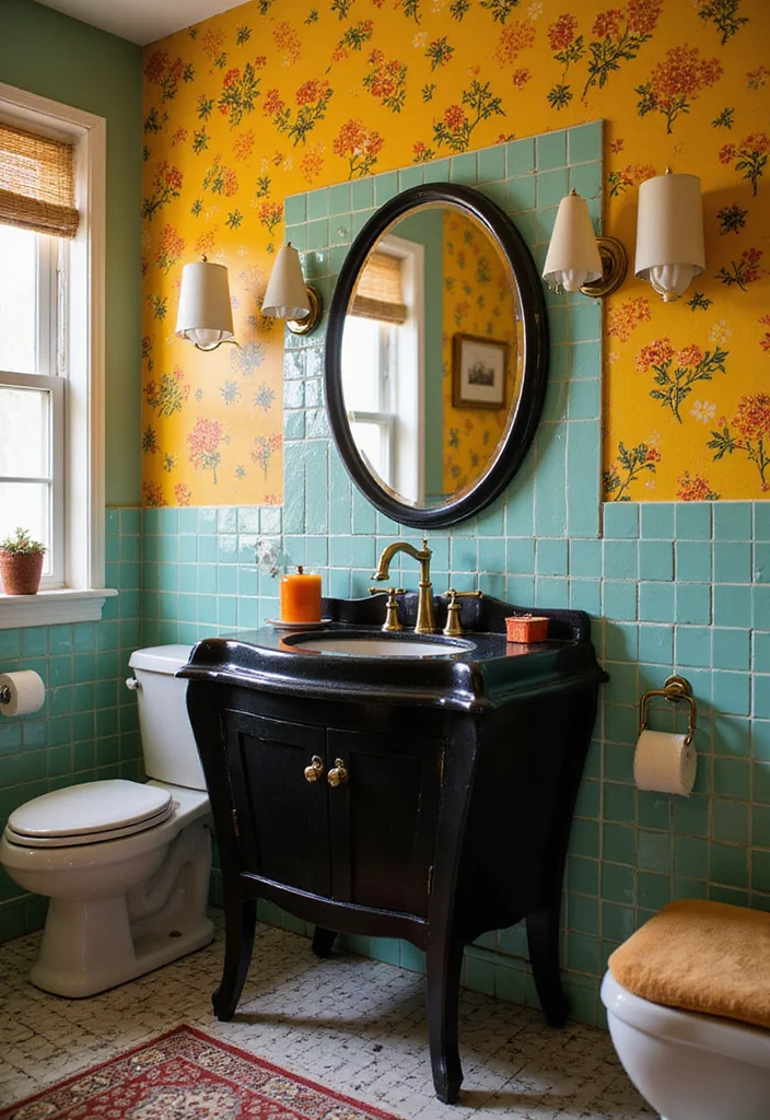 14 Black Vanity Bathroom Ideas With Modern Edge - 5. Retro Revival