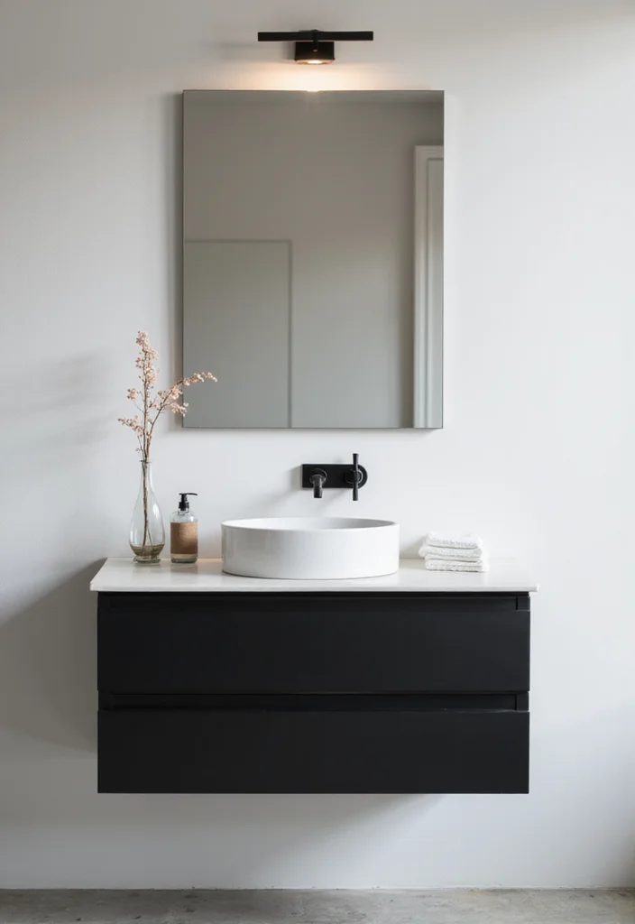 14 Black Vanity Bathroom Ideas With Modern Edge - 6. Minimalist Zen Retreat