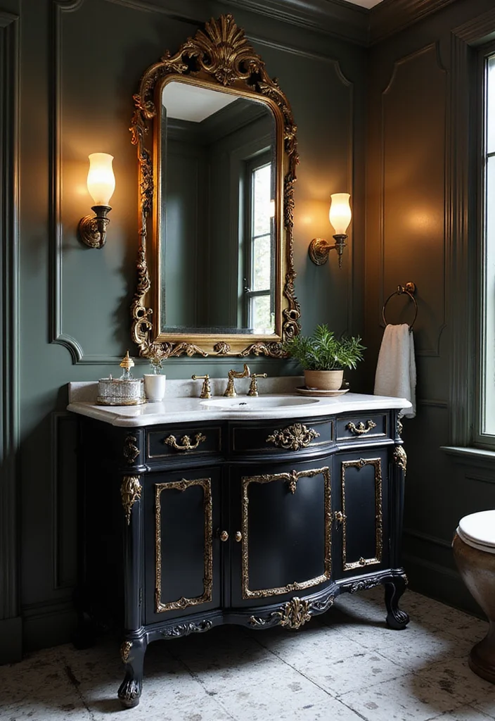 14 Black Vanity Bathroom Ideas With Modern Edge - 8. Vintage Glam