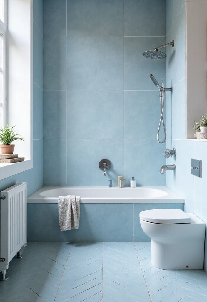 14 Blue Herringbone Tile Bathroom Designs You Will Love - 11. Modern Minimalism