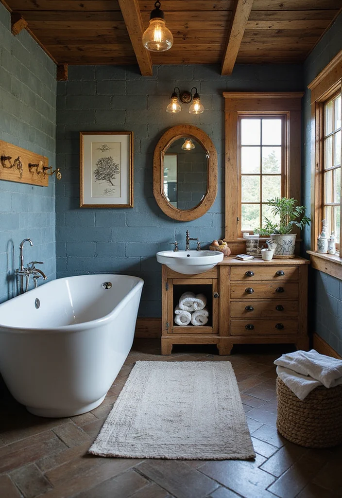 14 Blue Herringbone Tile Bathroom Designs You Will Love - 12. Rustic Charm