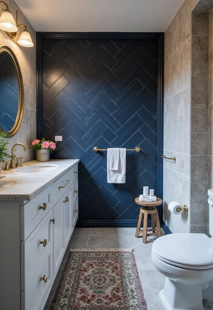 14 Blue Herringbone Tile Bathroom Designs You Will Love - 2. Bold and Bright