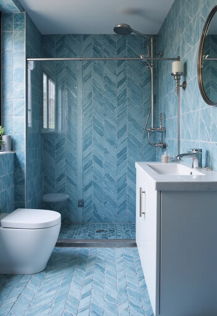 14 Blue Herringbone Tile Bathroom Designs You Will Love - 5. Monochromatic Marvel