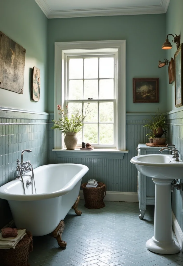 14 Blue Herringbone Tile Bathroom Designs You Will Love - 6. Vintage Vibes