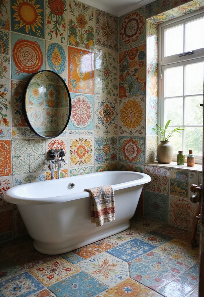 14 Boho Bathroom Tile Ideas With Artistic Patterns - 12. Artistic Hand-Painted Tiles