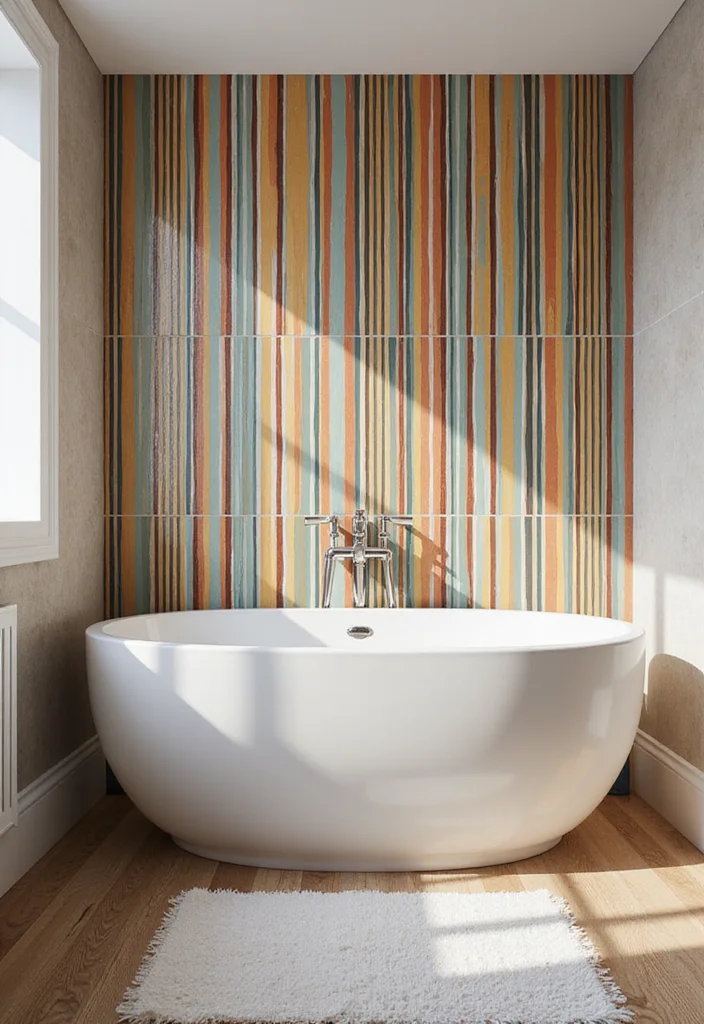 14 Boho Bathroom Tile Ideas With Artistic Patterns - 13. Colorful Vertical Stripes