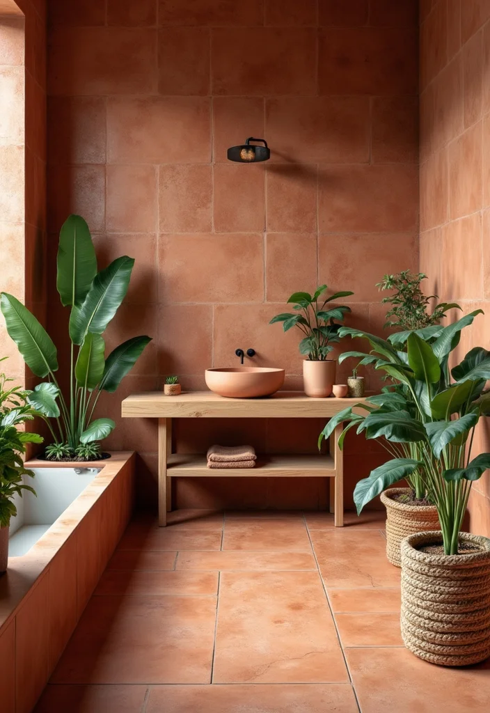 14 Boho Bathroom Tile Ideas With Artistic Patterns - 2. Earthy Terracotta Tiles