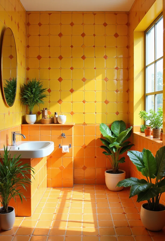 14 Boho Bathroom Tile Ideas With Artistic Patterns - 9. Sun-Kissed Yellow and Orange