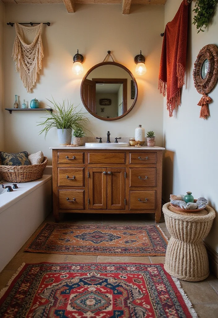 14 Boho Bathroom Vanity Ideas With Free Spirit Style - 11. Textured Fabrics and Rugs