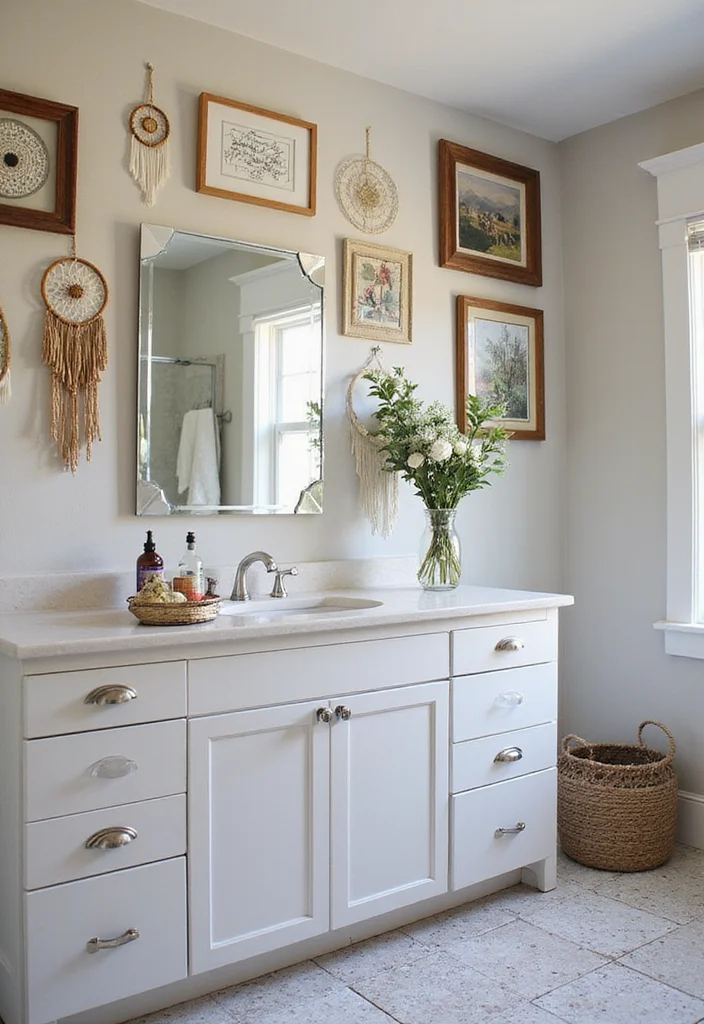 14 Boho Bathroom Vanity Ideas With Free Spirit Style - 14. Creative Wall Art