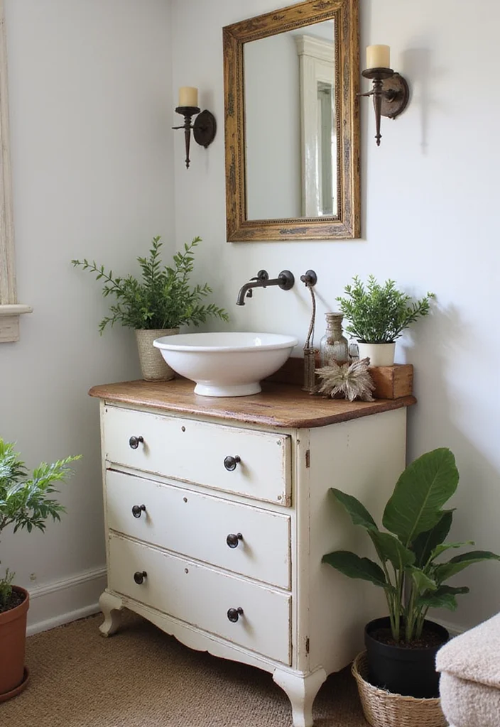 14 Boho Bathroom Vanity Ideas With Free Spirit Style - 2. Vintage Dresser Turned Vanity