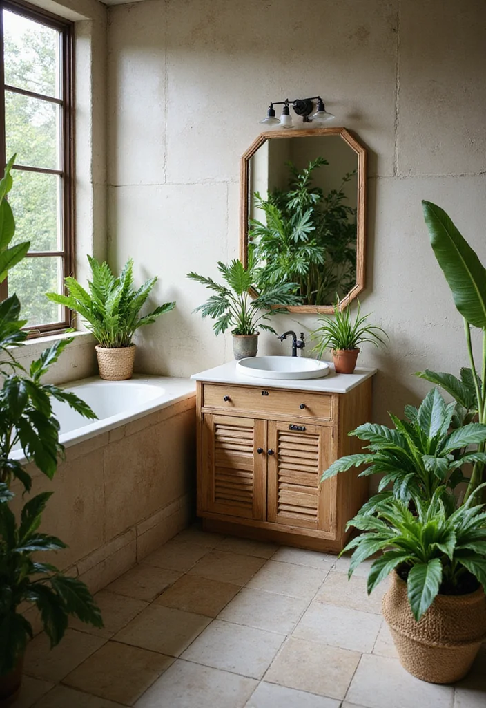 14 Boho Bathroom Vanity Ideas With Free Spirit Style - 8. Indoor Plants for a Lush Look