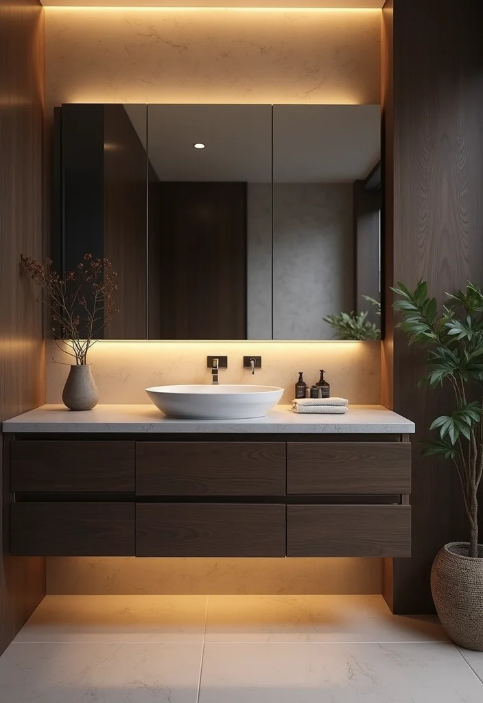 14 Dark Bathroom Vanity Ideas With Bold Mood - 14. Dark Wood with Integrated Lighting
