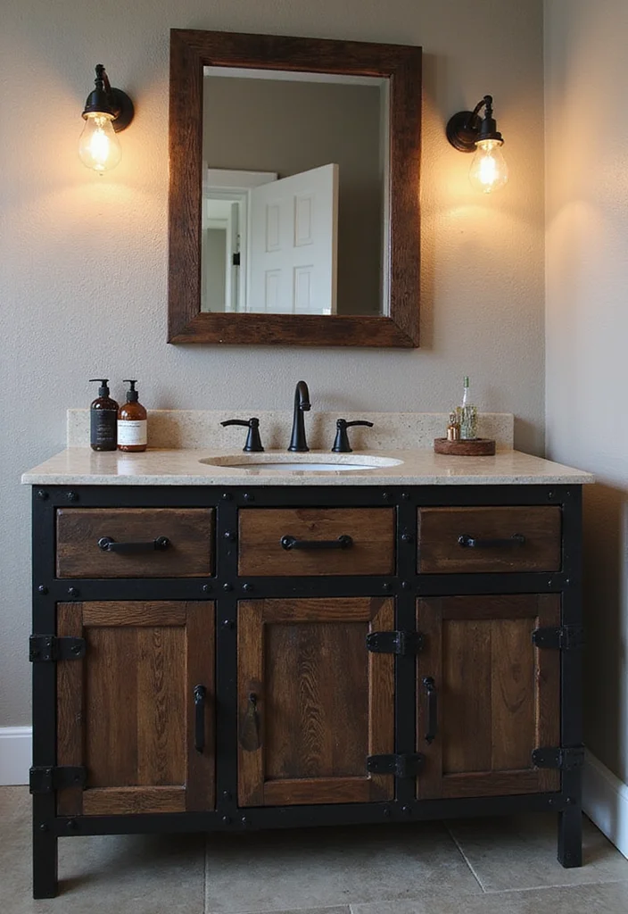 14 Dark Bathroom Vanity Ideas With Bold Mood - 2. Industrial Metal and Wood Combo
