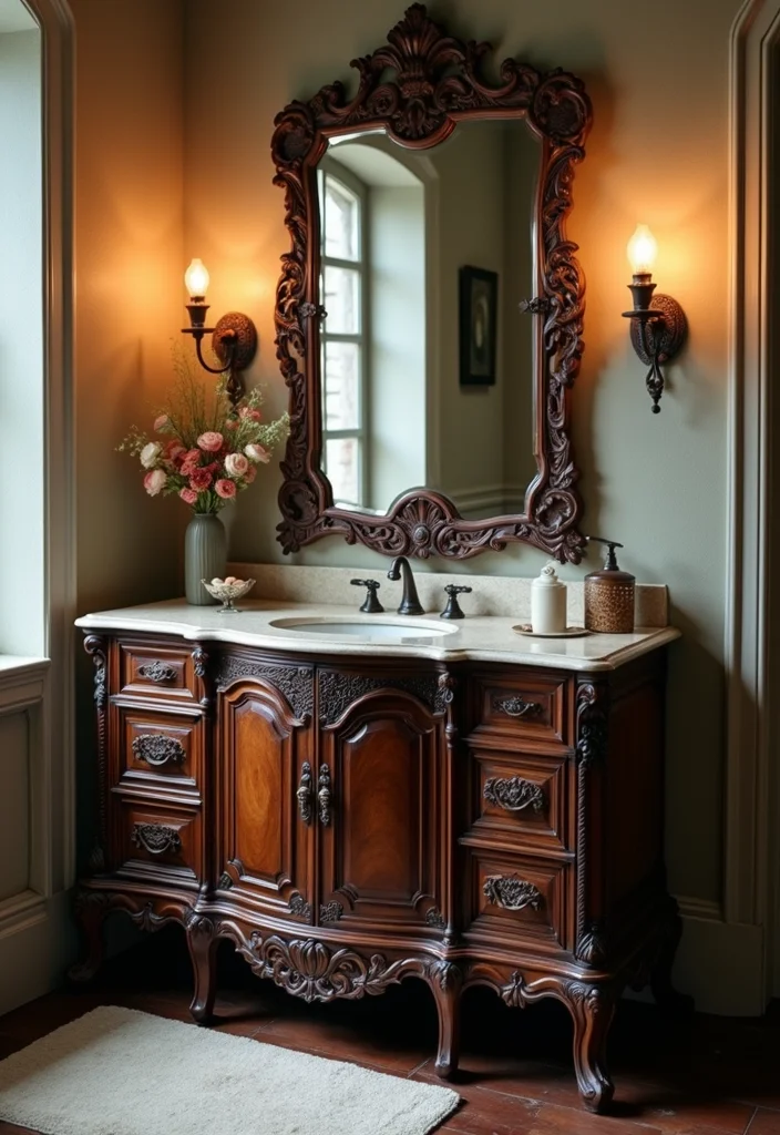 14 Dark Bathroom Vanity Ideas With Bold Mood - 4. Vintage Glamour with Dark Wood