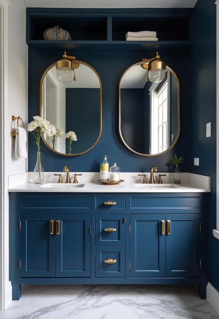 14 Dark Bathroom Vanity Ideas With Bold Mood - 5. Bold Navy Blue Vanity
