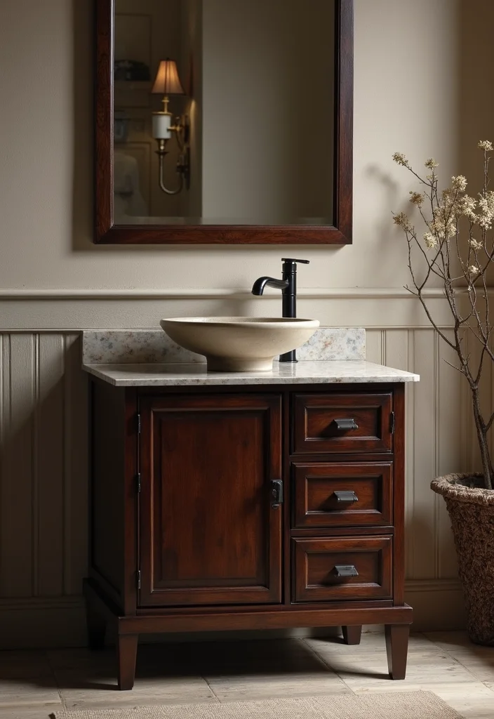 14 Dark Bathroom Vanity Ideas With Bold Mood - 6. Dark Wood with Vessel Sink