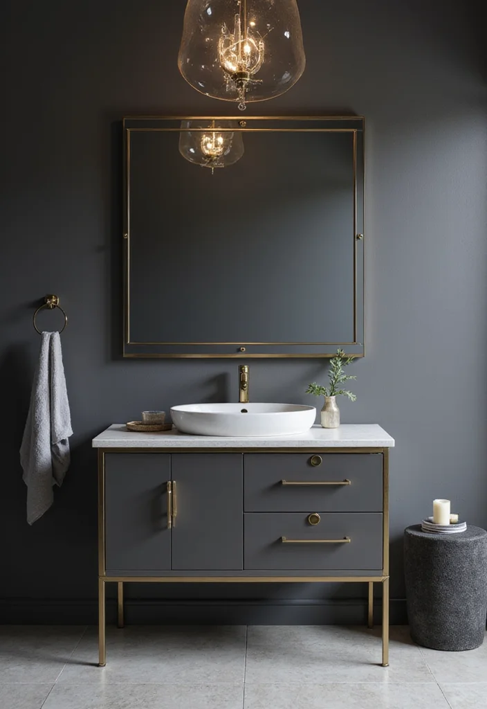 14 Dark Bathroom Vanity Ideas With Bold Mood - 7. Charcoal Grey with Gold Accents