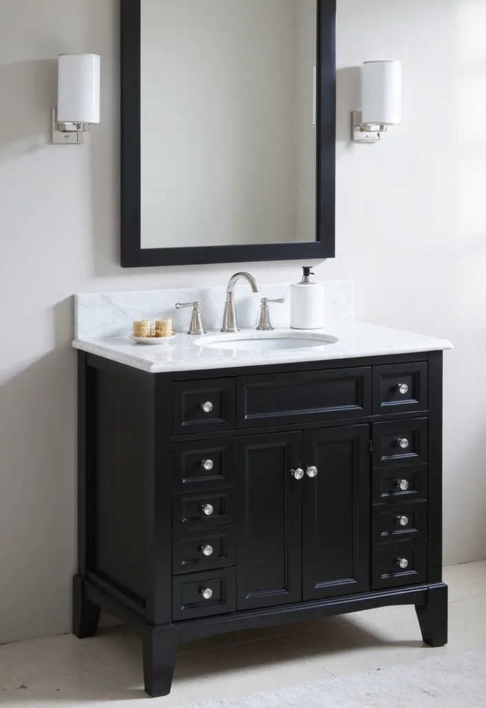 14 Dark Bathroom Vanity Ideas With Bold Mood - 9. Black and White Contrast