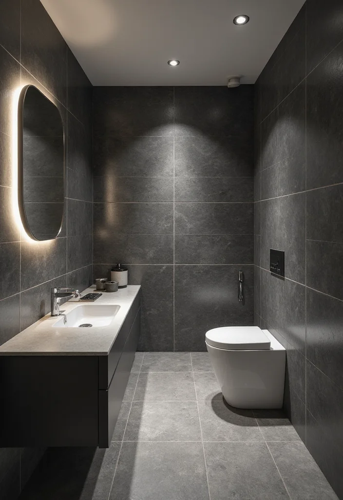 14 Dark Grey Tile Bathroom Ideas With Modern Mood - 11. Layered Lighting Effects