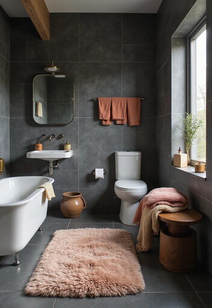 14 Dark Grey Tile Bathroom Ideas With Modern Mood - 12. Soft Textiles and Accessories