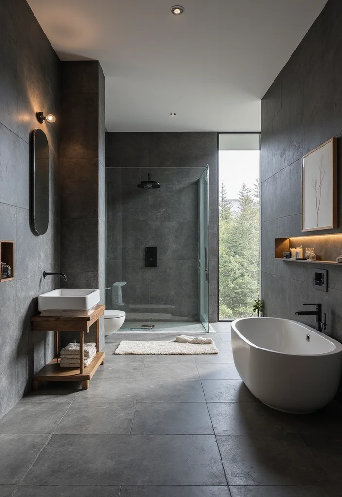 14 Dark Grey Tile Bathroom Ideas With Modern Mood - 13. Open Concept Bathroom