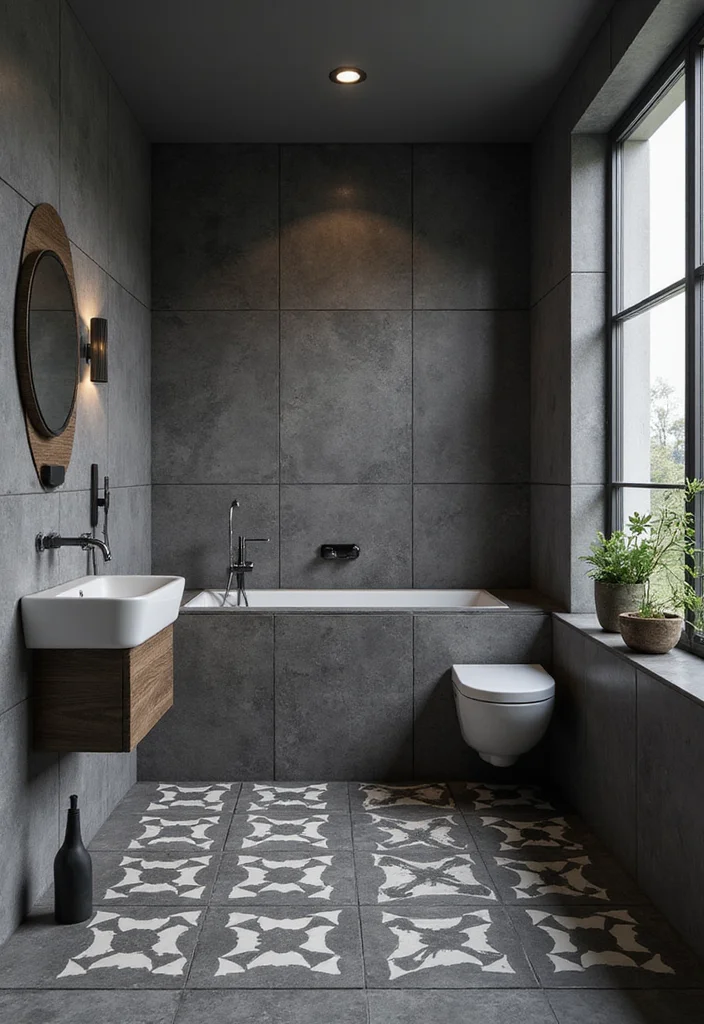 14 Dark Grey Tile Bathroom Ideas With Modern Mood - 7. Bold Geometric Patterns