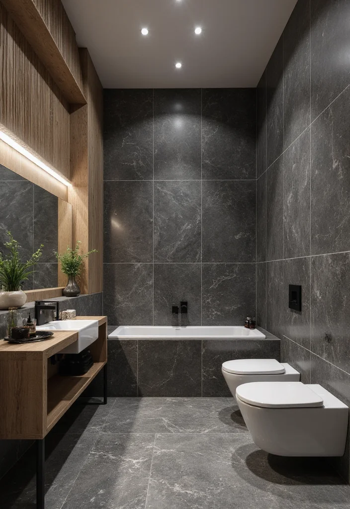 14 Dark Grey Tile Bathroom Ideas With Modern Mood - 9. Luxurious Marble Effect