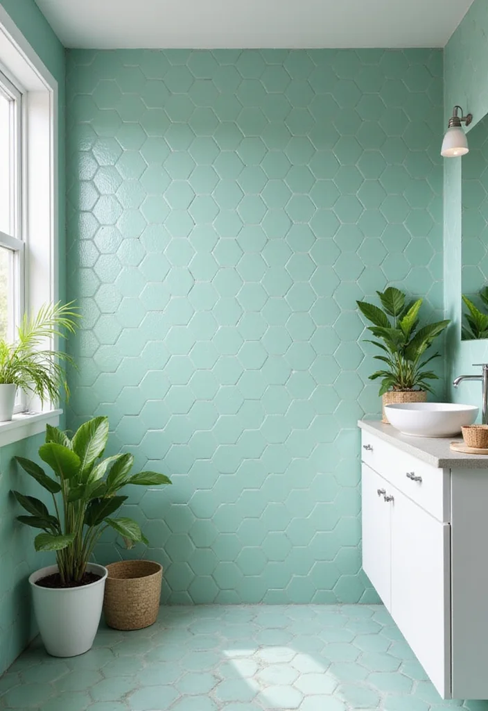 14 Green Hexagon Tile Bathroom Ideas With Fresh Energy - 1. Refreshing Minty Vibes