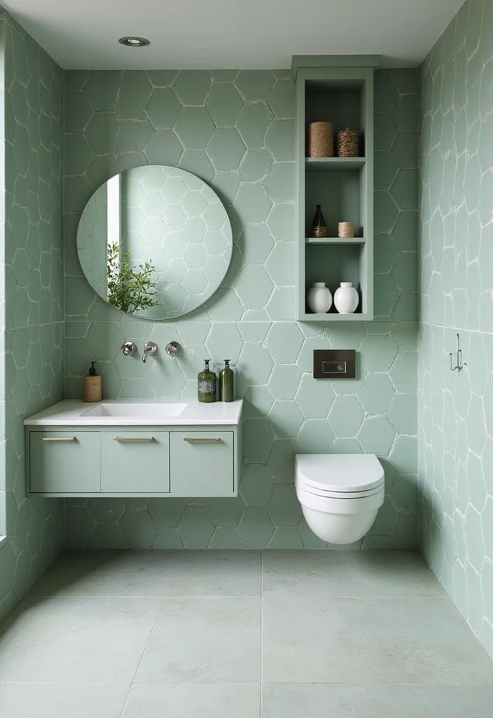 14 Green Hexagon Tile Bathroom Ideas With Fresh Energy - 11. Minimalist Approach